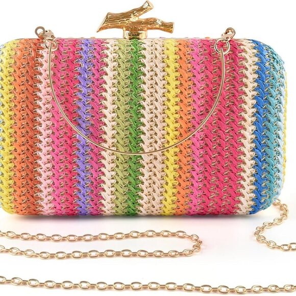 Accessories - Women's Straw Clutch Purse with Chain Shoulder Strap for Wedding Party